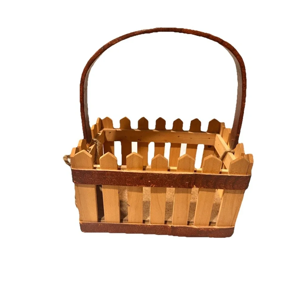 Picket Wood Fence Basket‎ With Pears Brown Handle Farm Style Country